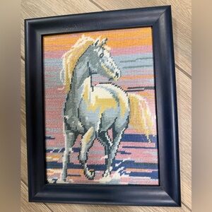 Framed Cross Stitch Horse Artwork in Blue and Yellow